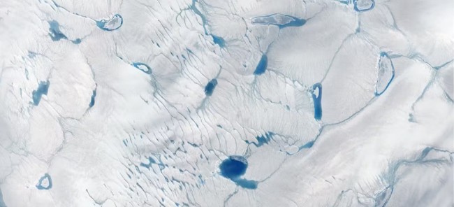  Image satellite r&eacute;v&eacute;lant un syst&egrave;me de lacs et de rivi&egrave;res au sommet de la calotte du Groenland. Cette eau de fonte pourra localement trouver son chemin pour atteindre la base du glacier o&ugrave; elle agira comme un lubrifiant facilitant le glissement du glacier. Nasa. 
