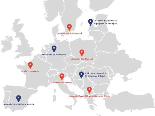 Carte des 9 universités européennes partenaires